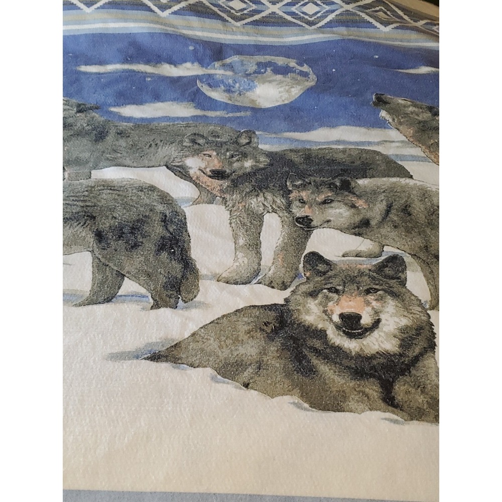 Vntg. 1980s Southwest Wolves Blanket‎ - Moon/Wildlife/Polyester/Nostalgia/GenX